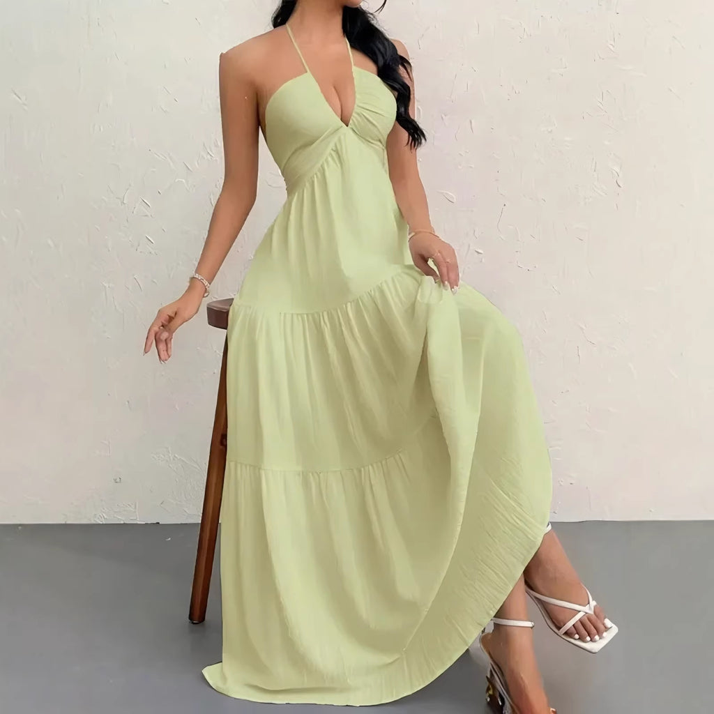 Solid Color Halter Backless Tie-Up Beach Dress