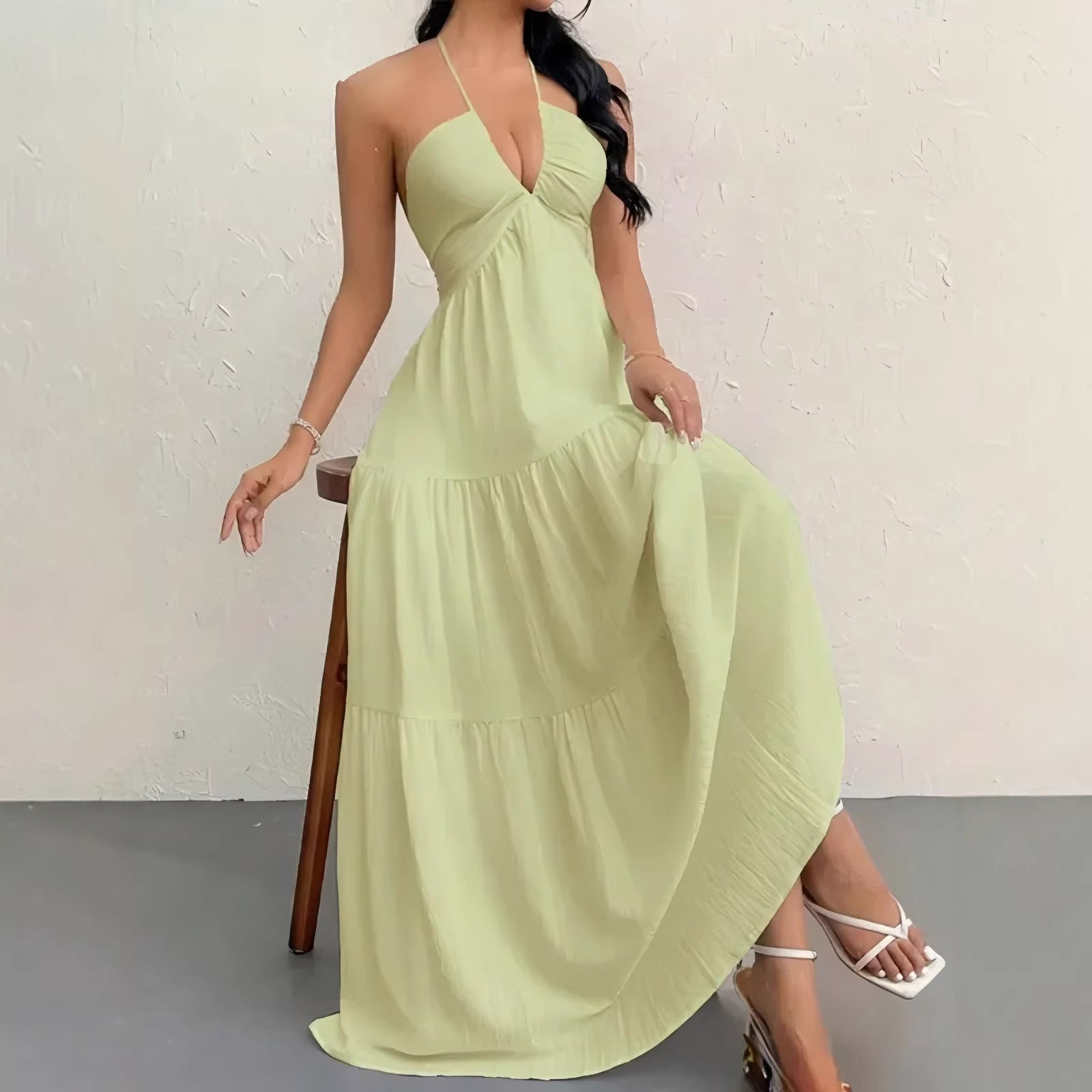 Solid Color Halter Backless Tie-Up Beach Dress