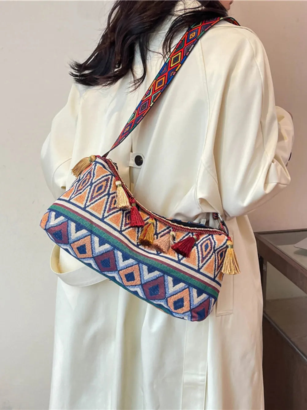 Tassel Adjustable-Strap Canvas Shoulder Bag