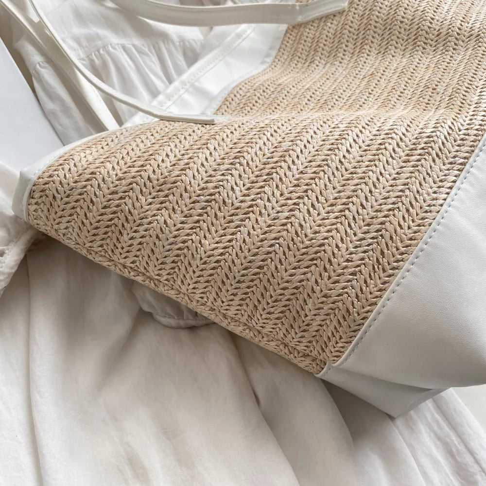 Straw Weave Leather-Strap Tote Bag – Summer Beach Bag