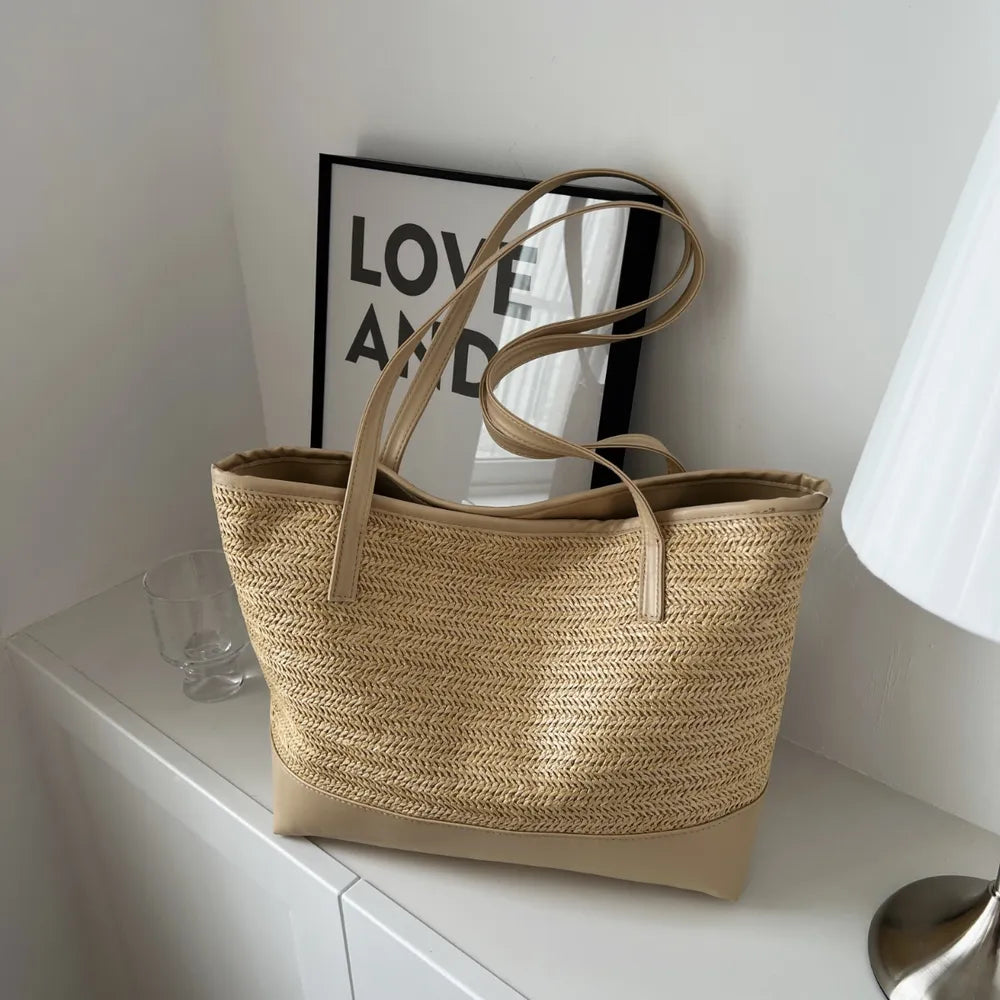 Straw Weave Leather-Strap Tote Bag – Summer Beach Bag