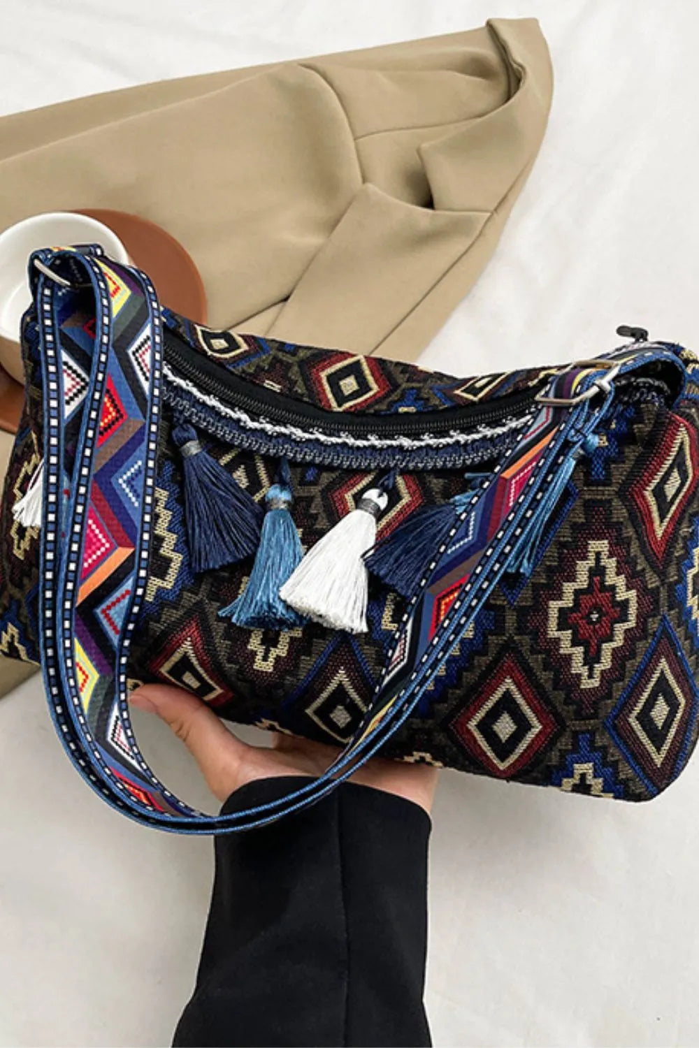 Tassel Adjustable-Strap Canvas Shoulder Bag