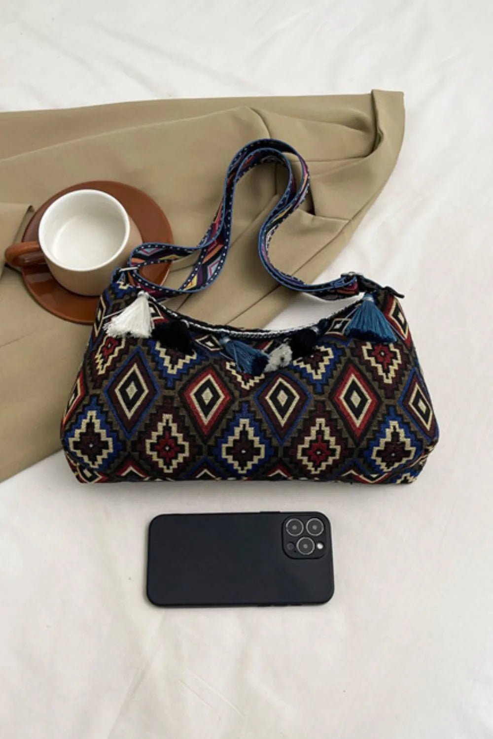 Tassel Adjustable-Strap Canvas Shoulder Bag