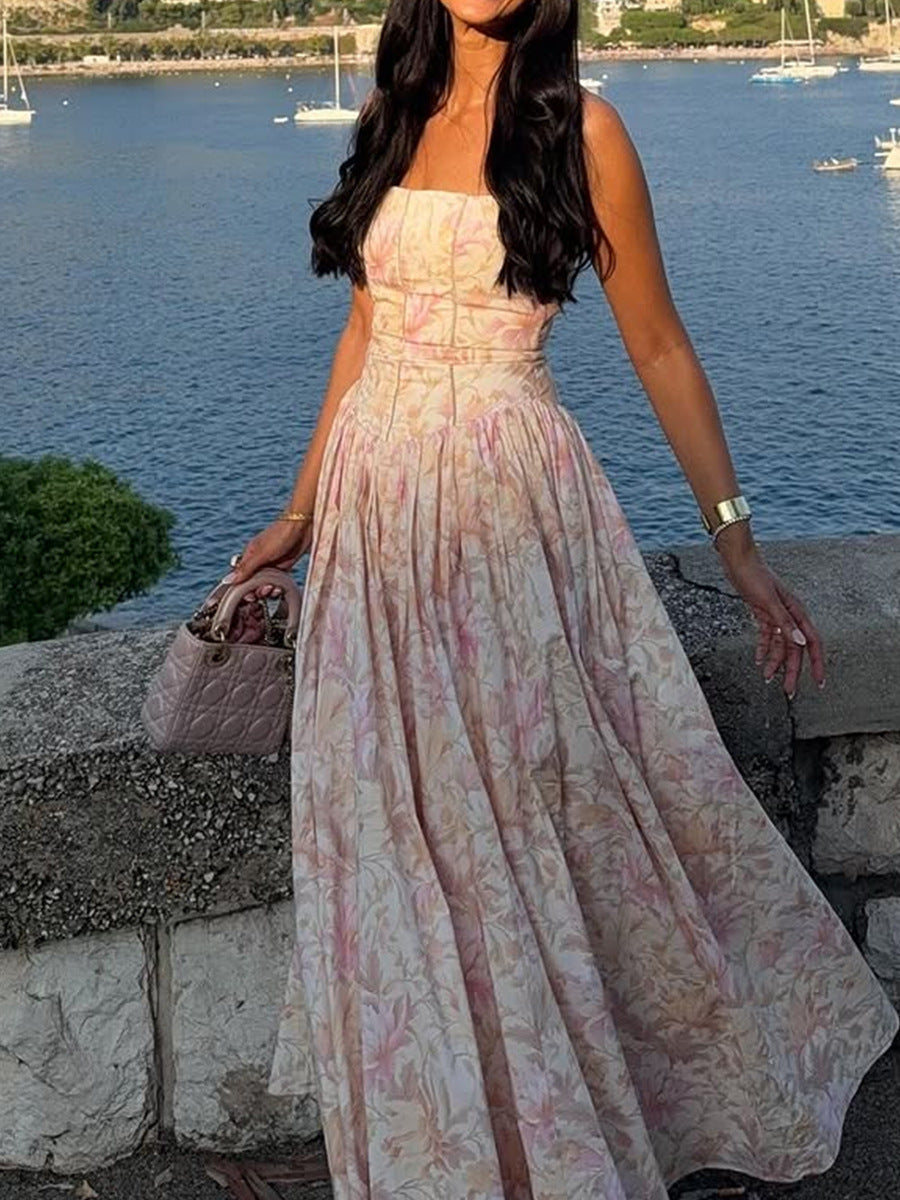 Printed Strapless Backless Long Dress