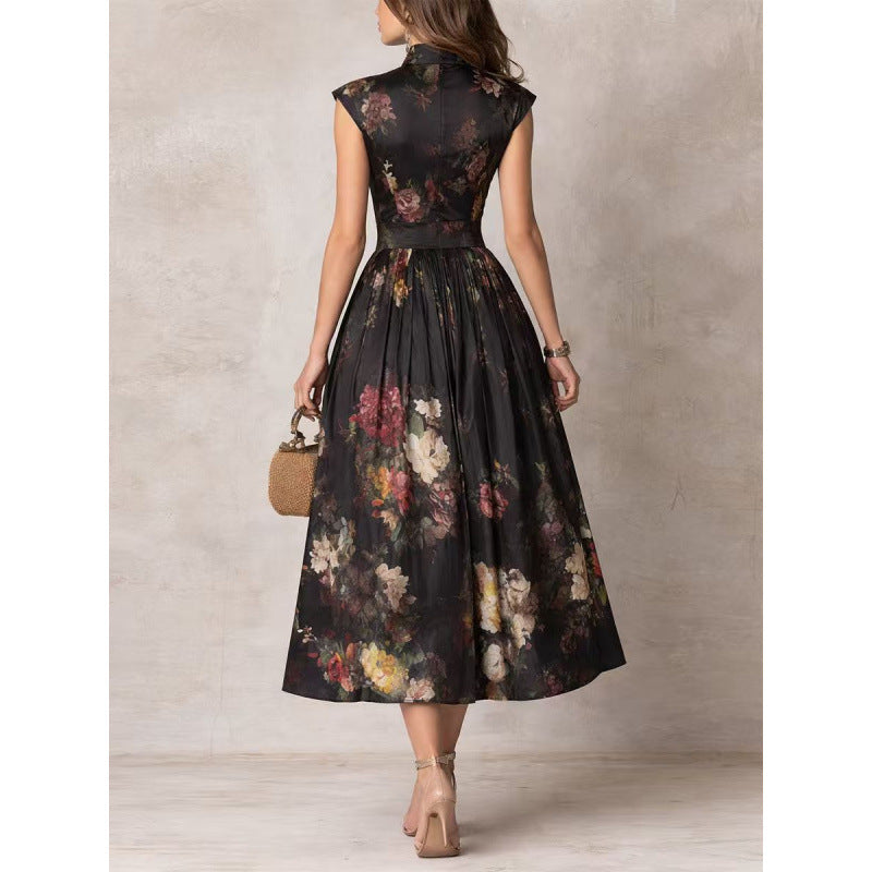 Black 3D Floral Print Slim Long Dress