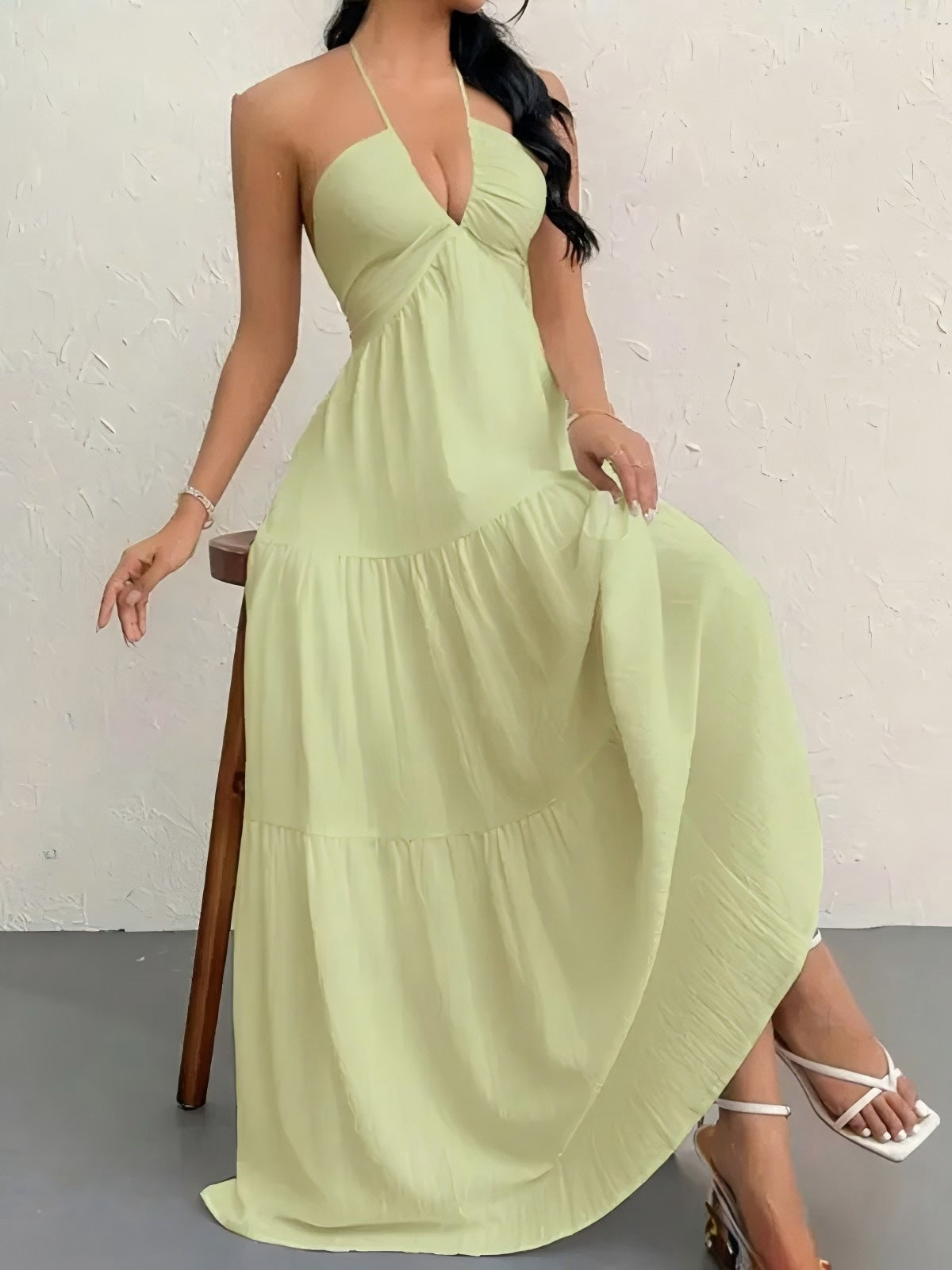 Solid Color Halter Backless Tie-Up Beach Dress