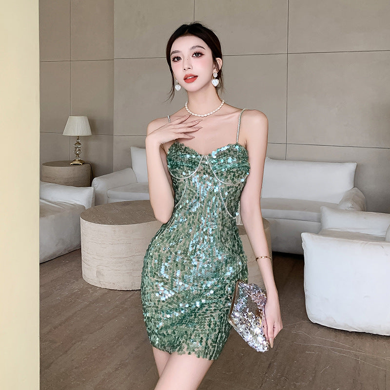 Rhinestone Sequin Hip-Hugging Mini Skirt Dress
