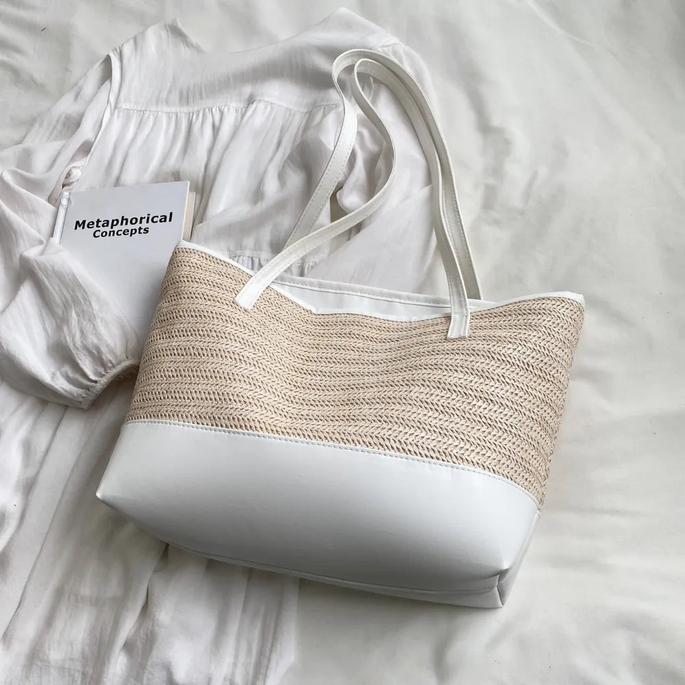 Straw Weave Leather-Strap Tote Bag – Summer Beach Bag