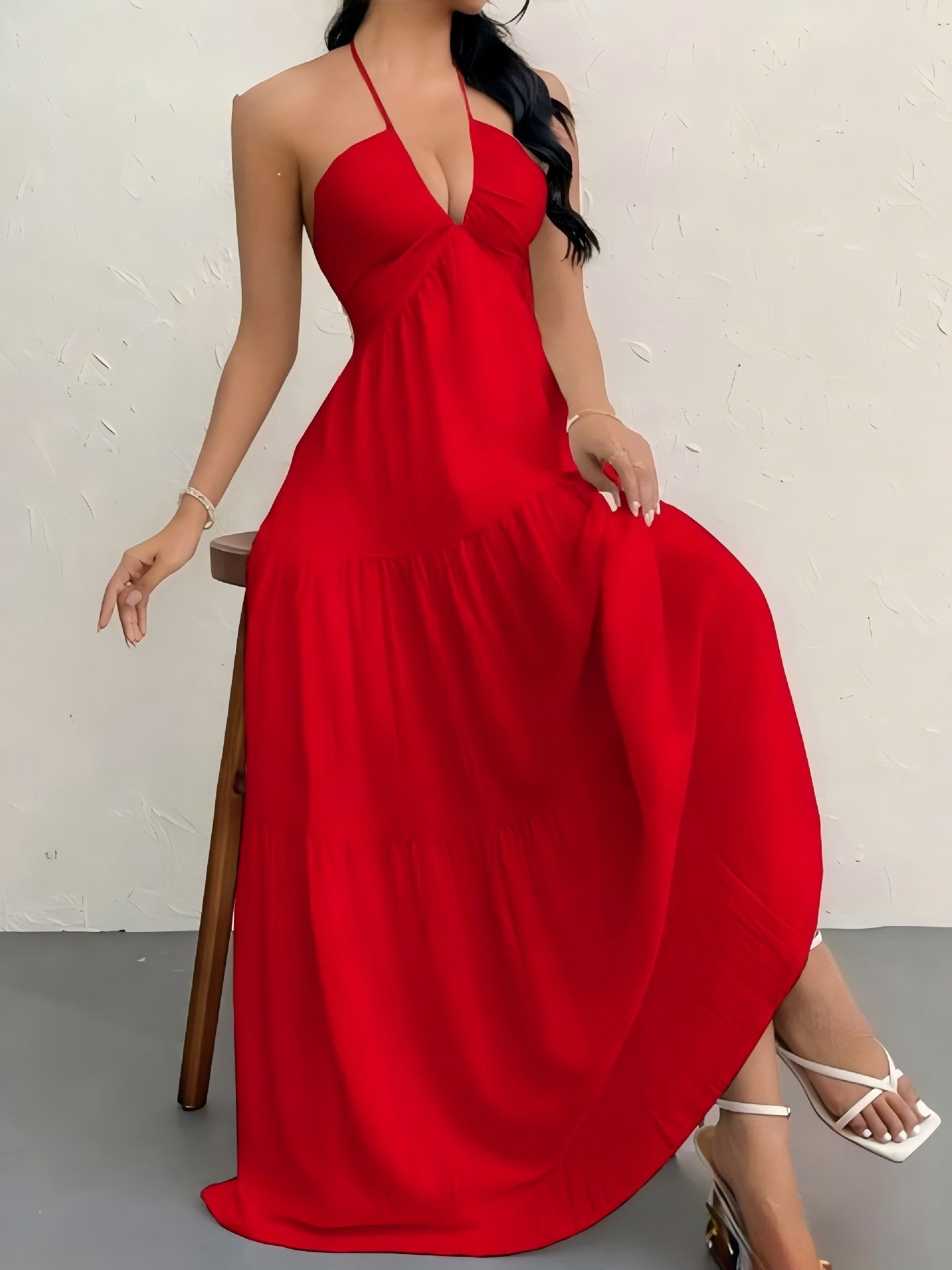 Solid Color Halter Backless Tie-Up Beach Dress