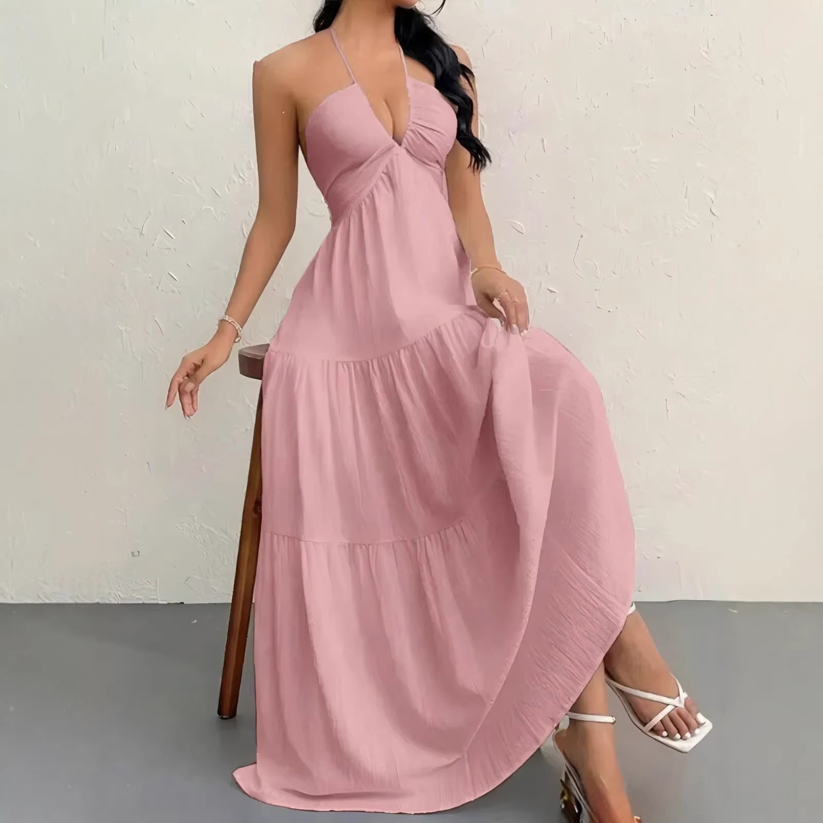 Solid Color Halter Backless Tie-Up Beach Dress