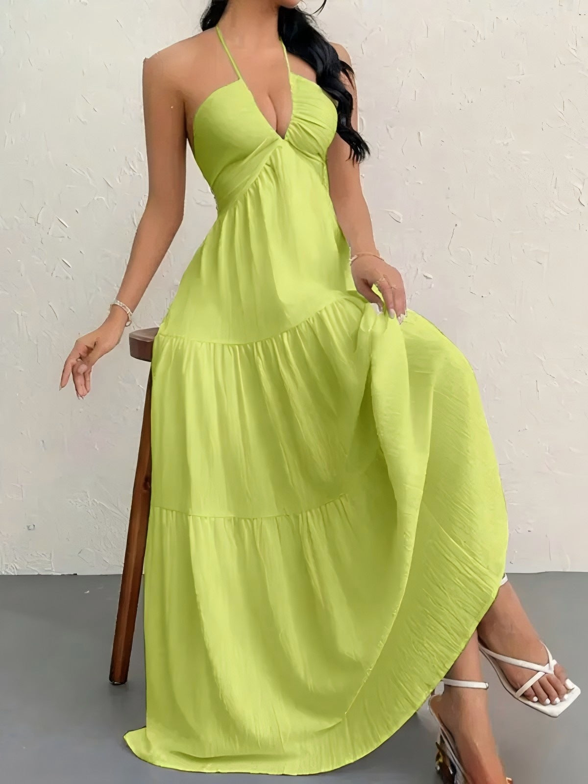 Solid Color Halter Backless Tie-Up Beach Dress