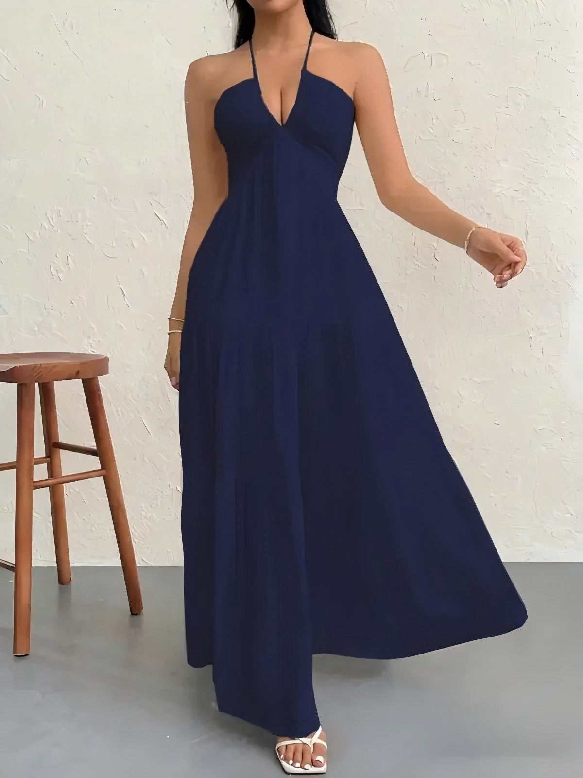 Solid Color Halter Backless Tie-Up Beach Dress