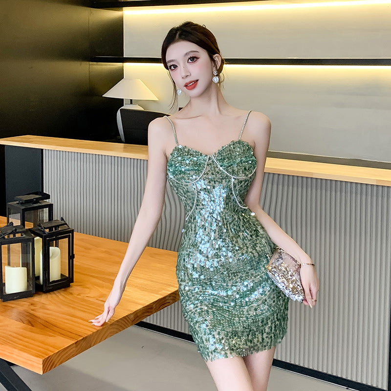 Rhinestone Sequin Hip-Hugging Mini Skirt Dress