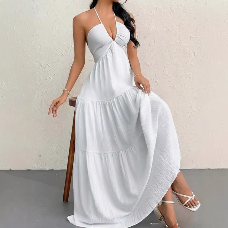 Solid Color Halter Backless Tie-Up Beach Dress