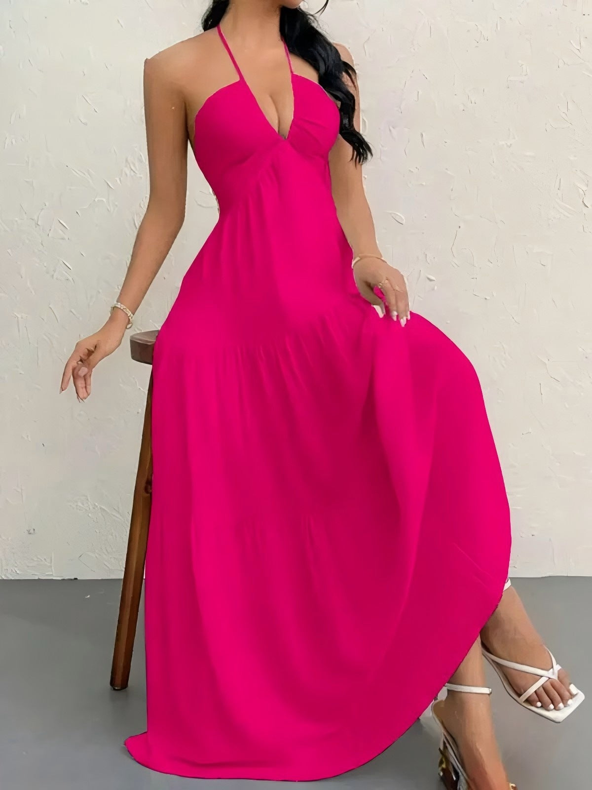 Solid Color Halter Backless Tie-Up Beach Dress