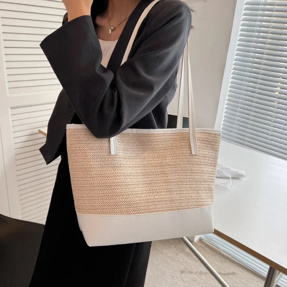 Straw Weave Leather-Strap Tote Bag – Summer Beach Bag
