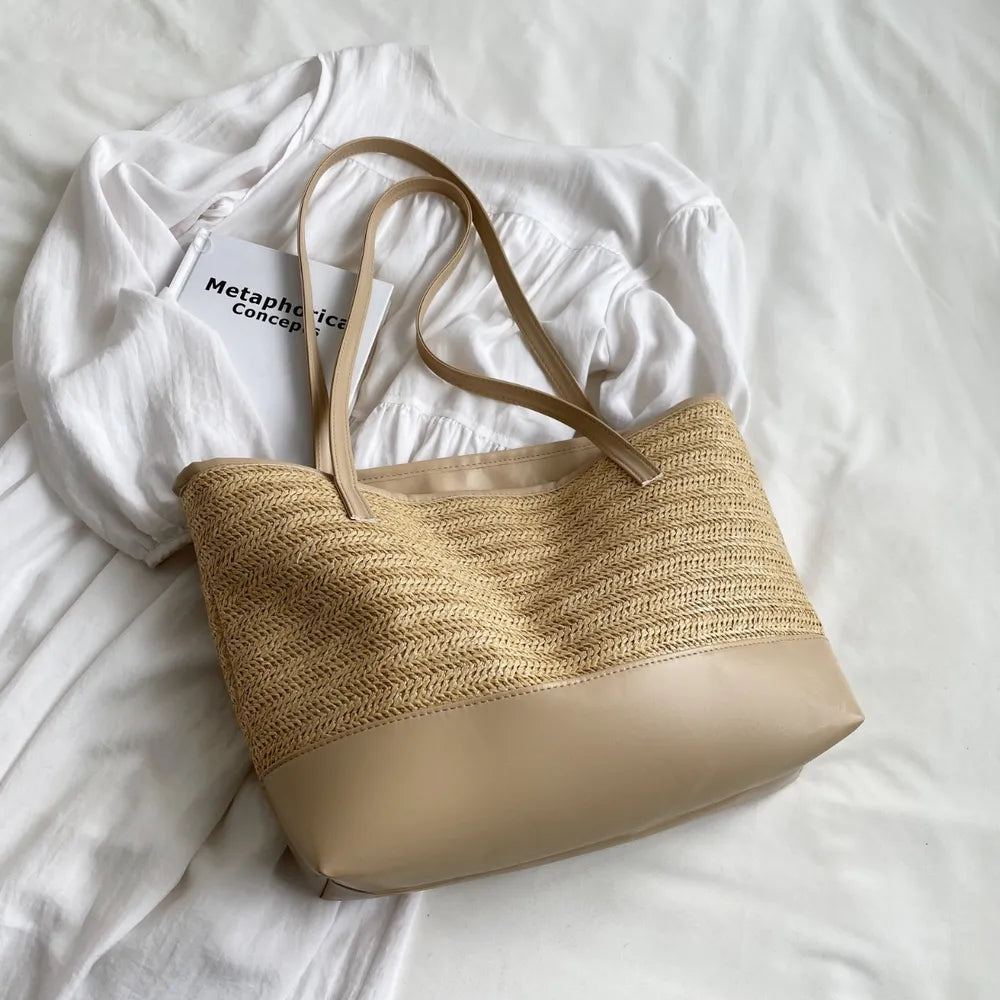 Straw Weave Leather-Strap Tote Bag – Summer Beach Bag