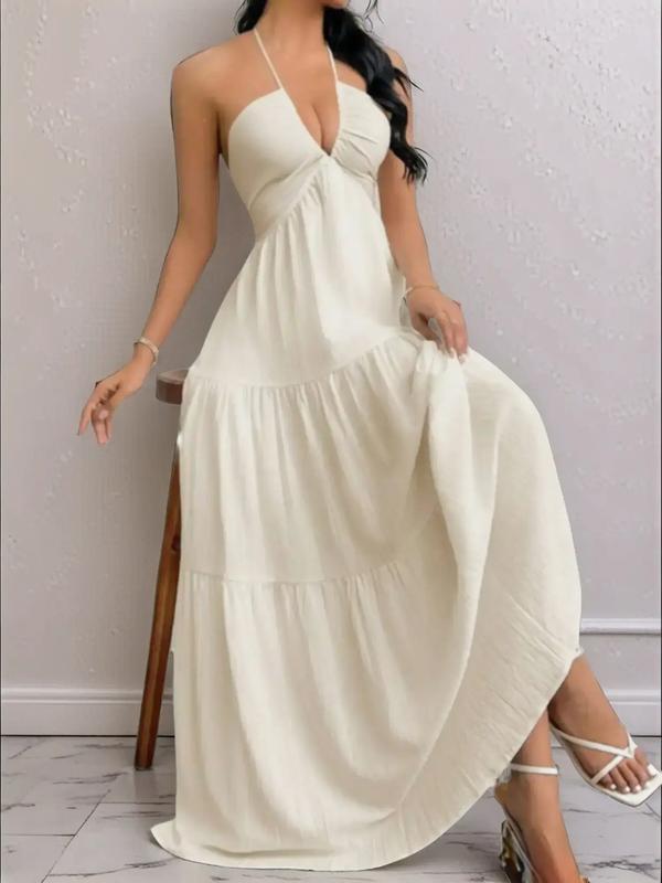 Solid Color Halter Backless Tie-Up Beach Dress