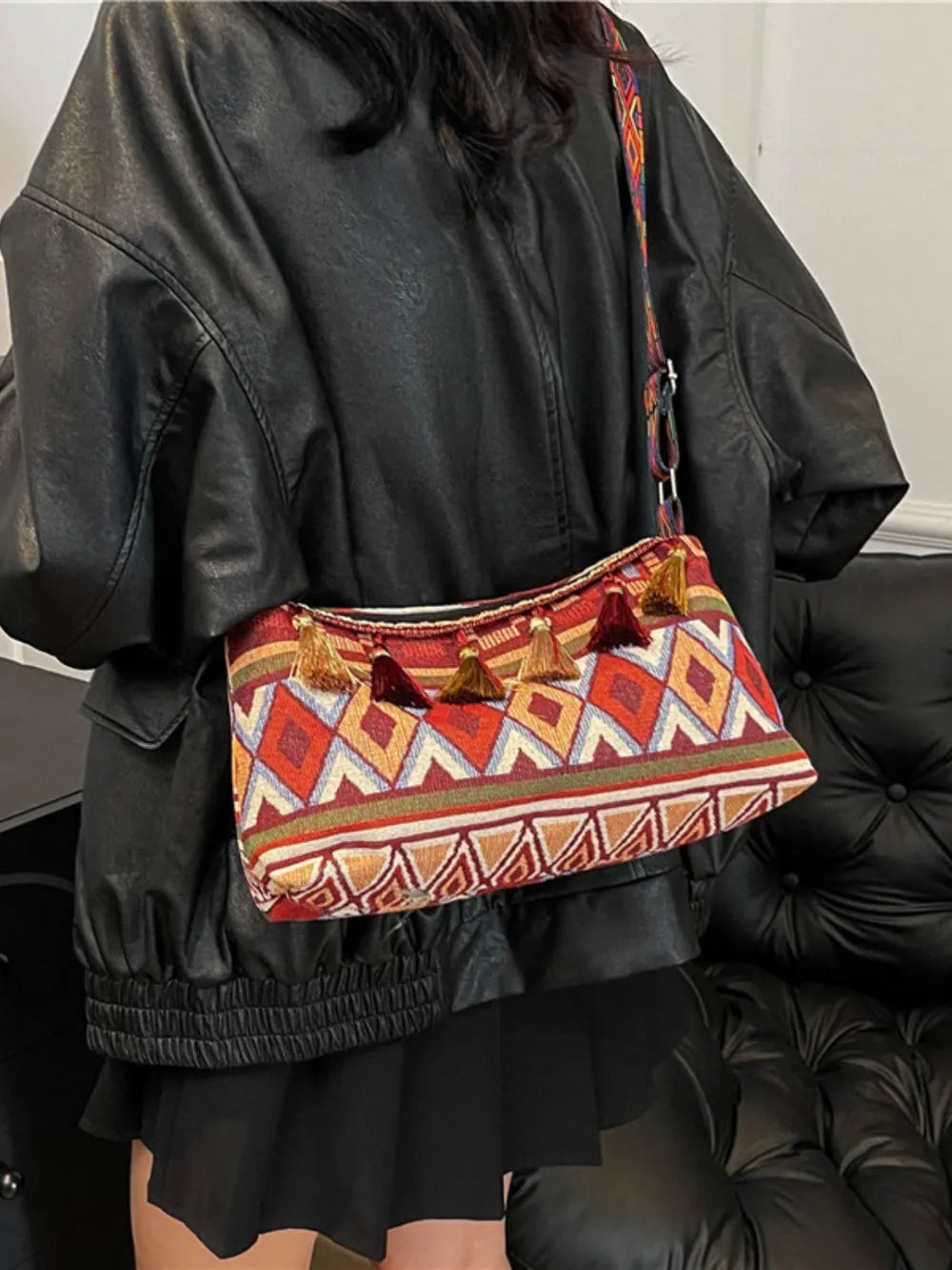 Tassel Adjustable-Strap Canvas Shoulder Bag