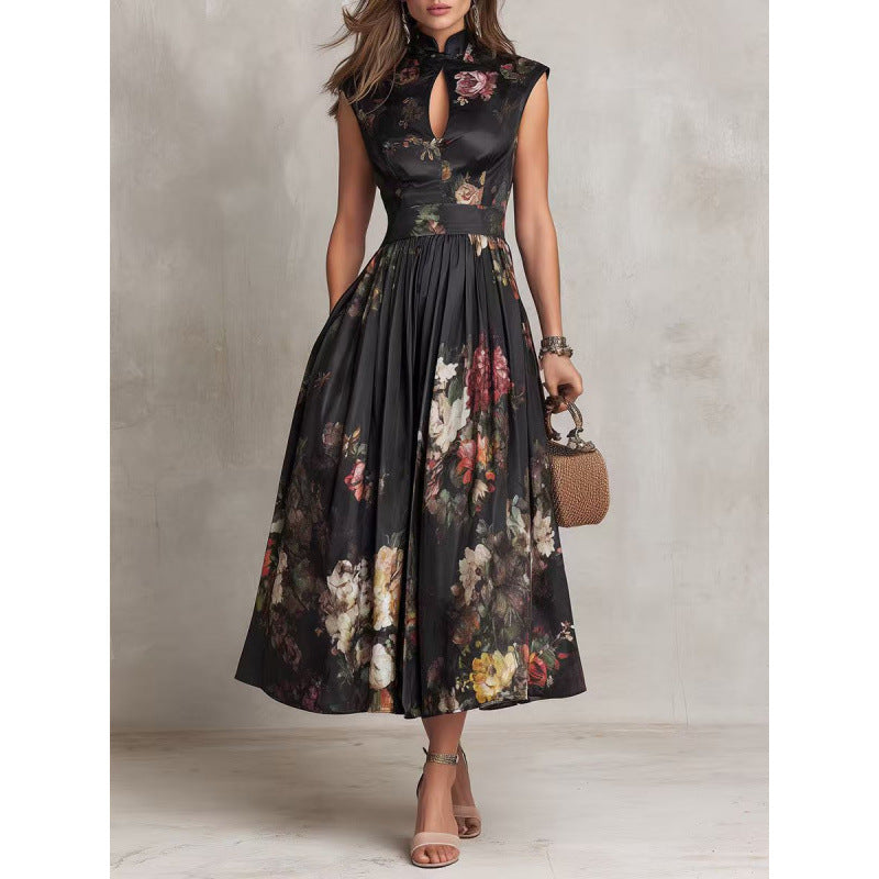 Black 3D Floral Print Slim Long Dress