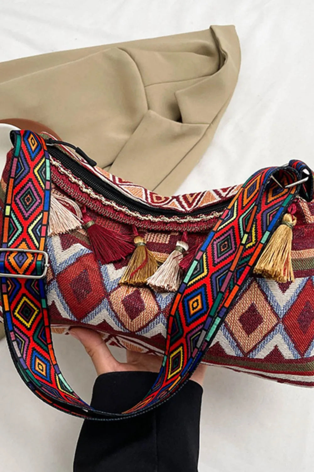 Tassel Adjustable-Strap Canvas Shoulder Bag