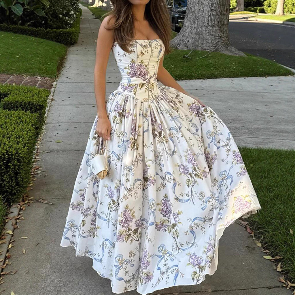 Printed Strapless Backless Long Dress