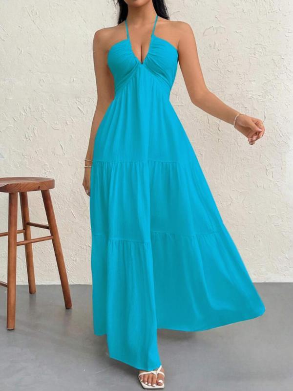 Solid Color Halter Backless Tie-Up Beach Dress