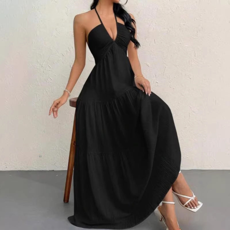 Solid Color Halter Backless Tie-Up Beach Dress