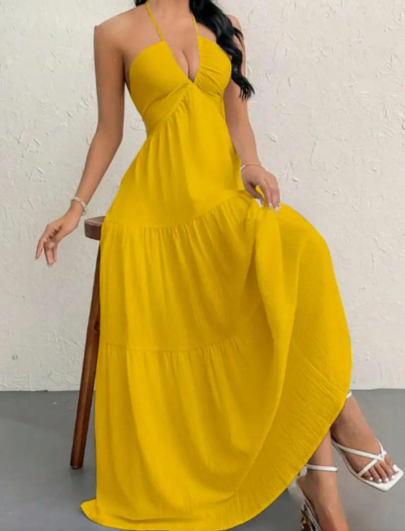 Solid Color Halter Backless Tie-Up Beach Dress