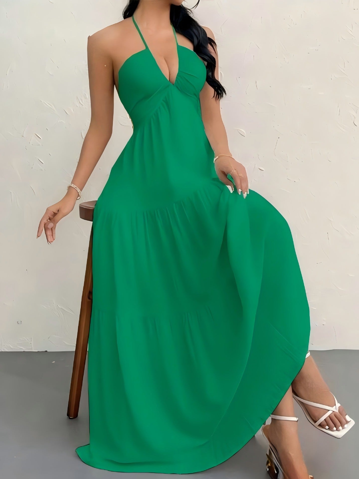 Solid Color Halter Backless Tie-Up Beach Dress