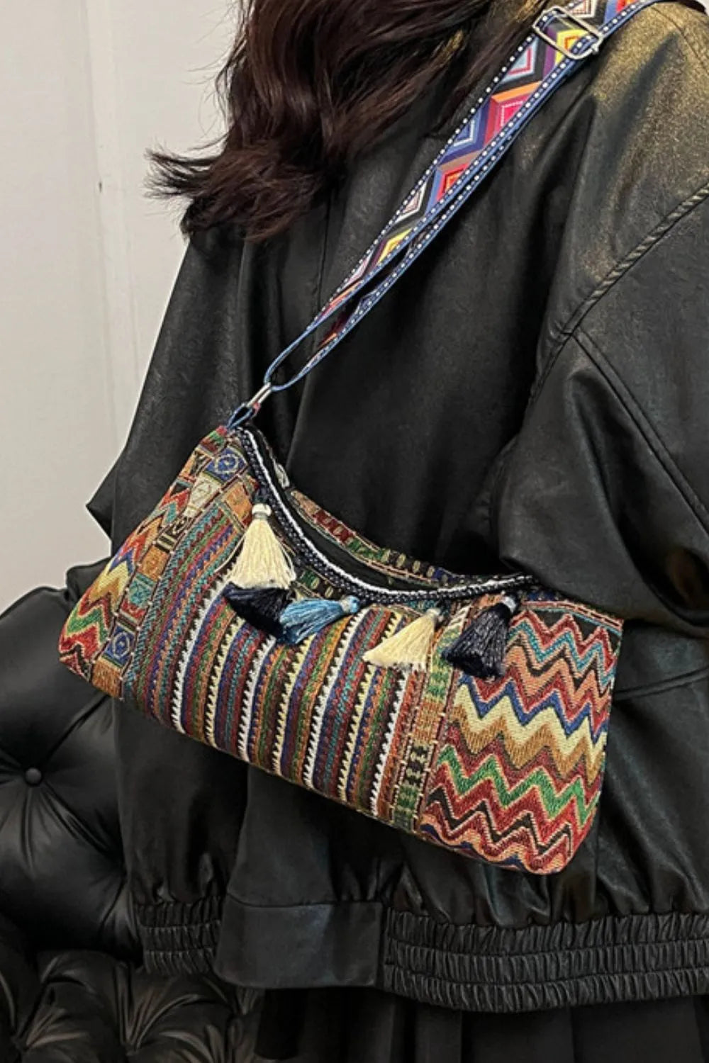 Tassel Adjustable-Strap Canvas Shoulder Bag