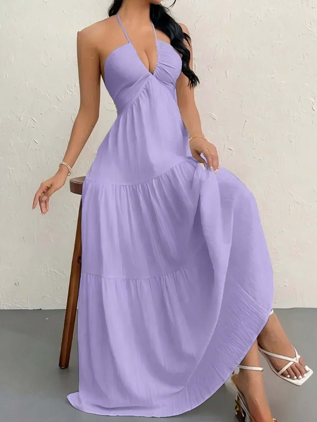 Solid Color Halter Backless Tie-Up Beach Dress