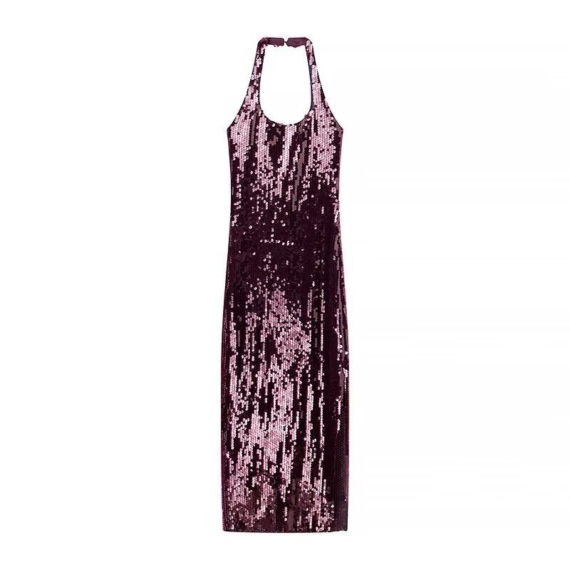 French Sequin Backless Halter Dress