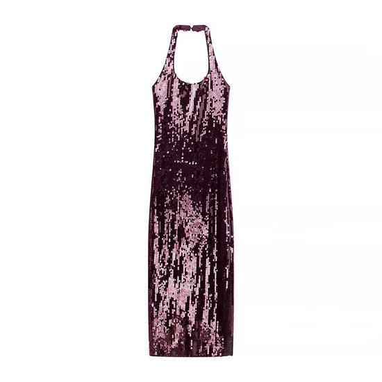 French Sequin Backless Halter Dress