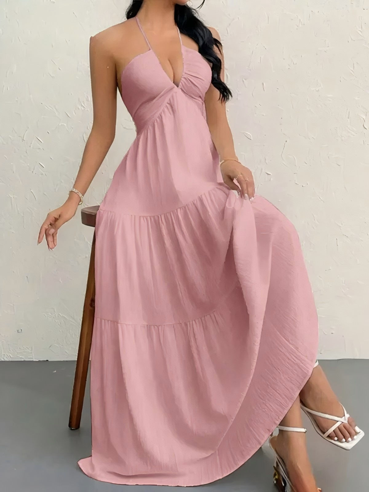 Solid Color Halter Backless Tie-Up Beach Dress