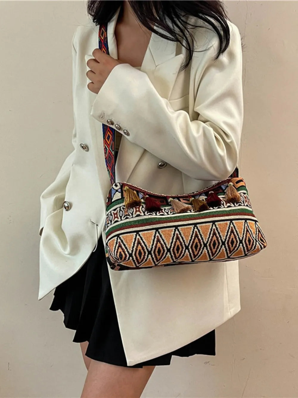 Tassel Adjustable-Strap Canvas Shoulder Bag