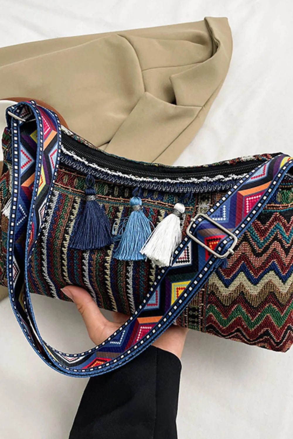 Tassel Adjustable-Strap Canvas Shoulder Bag