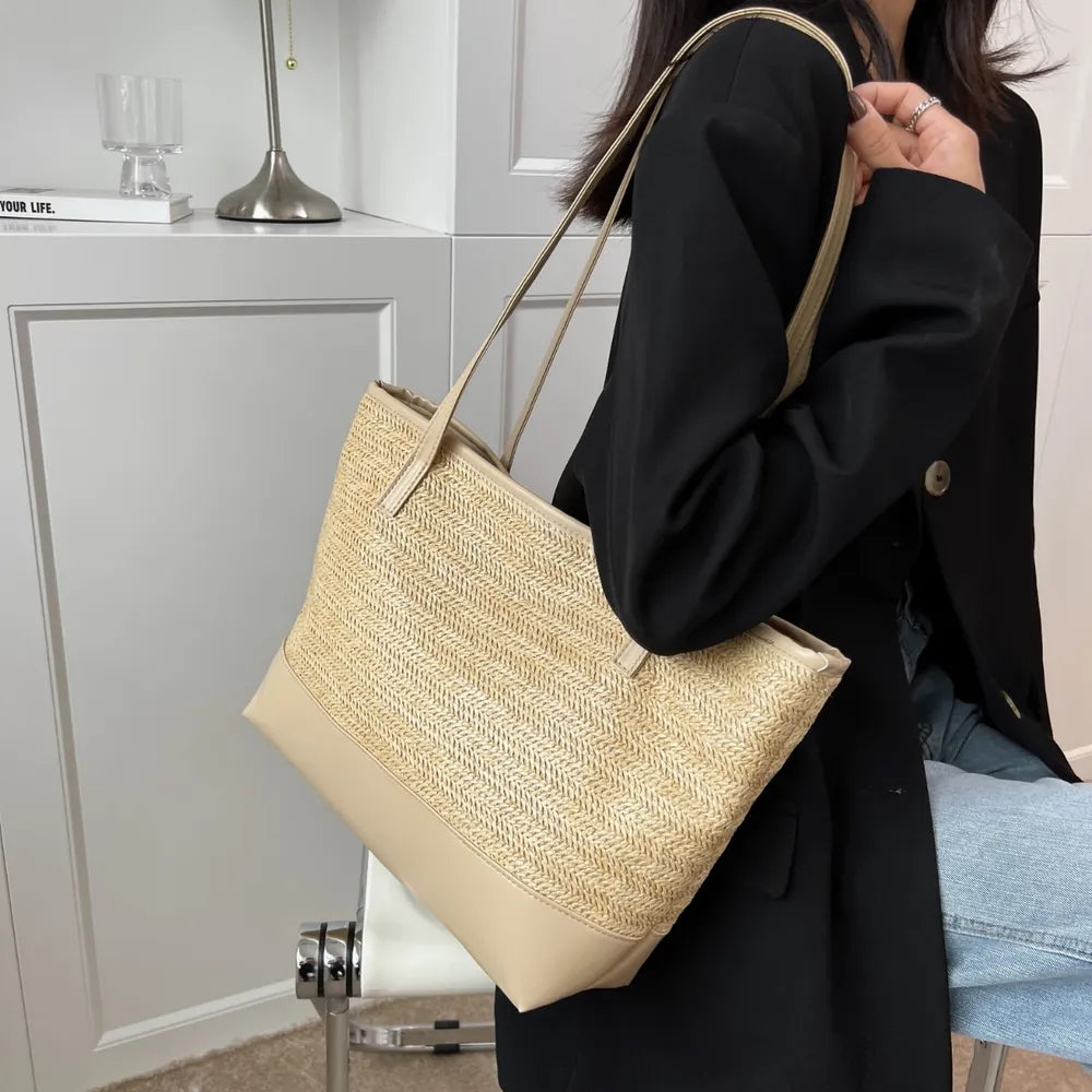 Straw Weave Leather-Strap Tote Bag – Summer Beach Bag