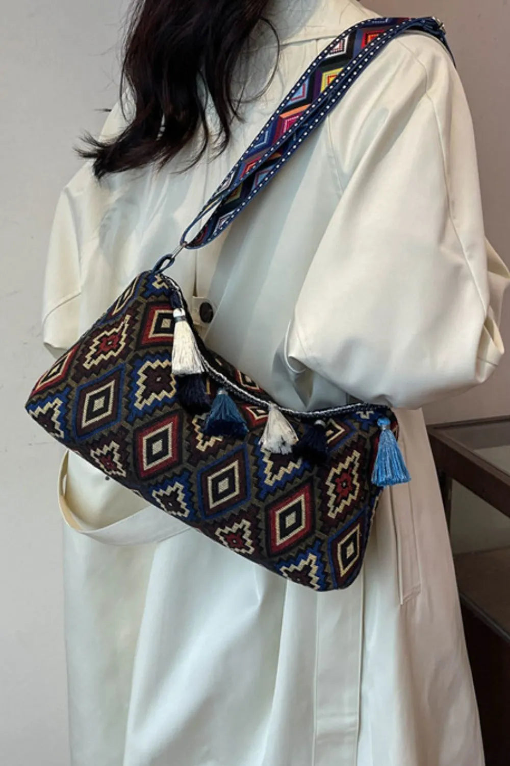 Tassel Adjustable-Strap Canvas Shoulder Bag