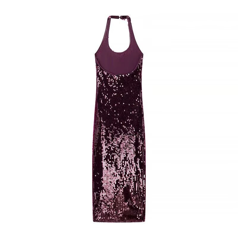 French Sequin Backless Halter Dress