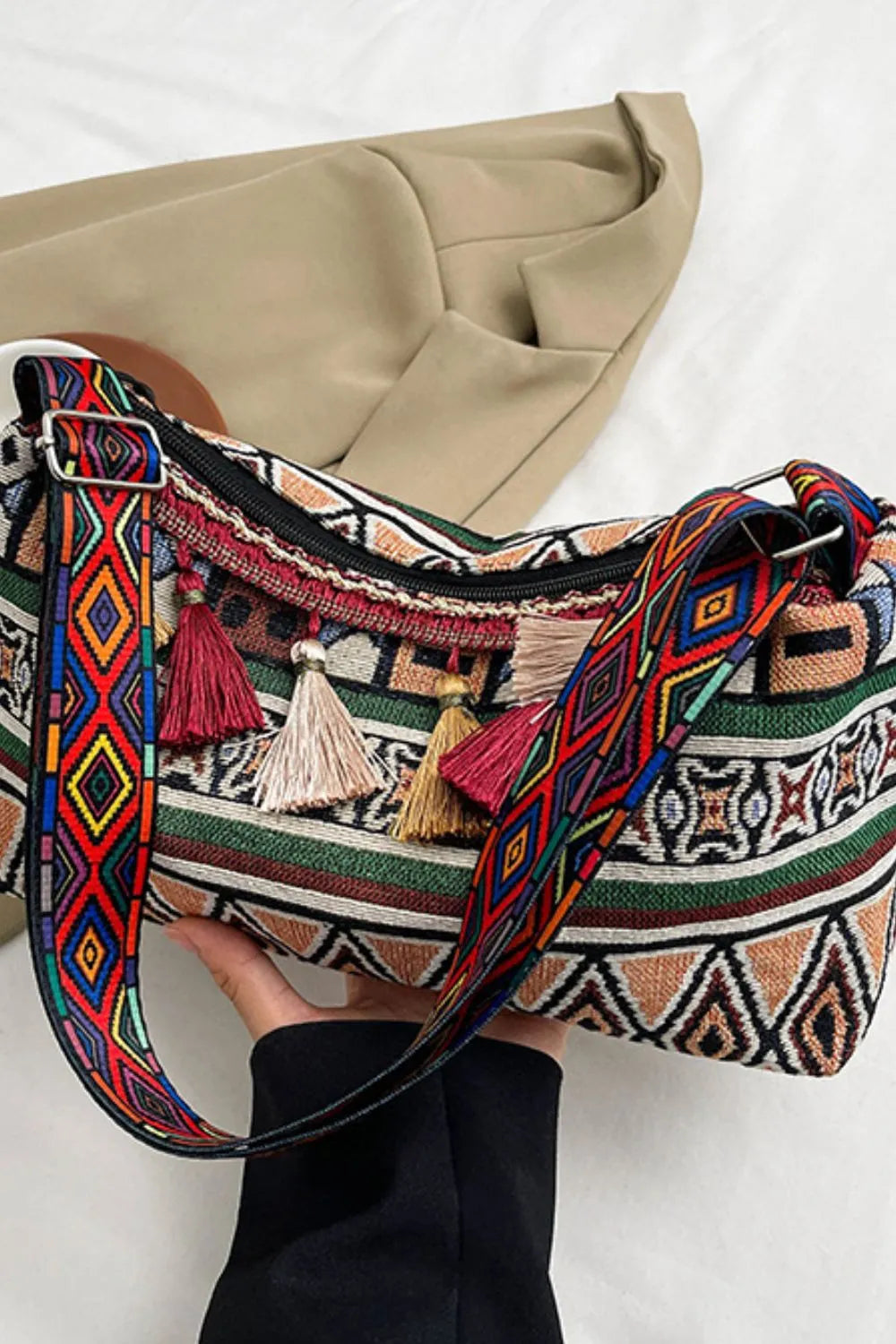 Tassel Adjustable-Strap Canvas Shoulder Bag