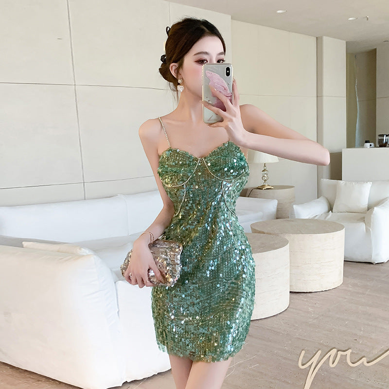 Rhinestone Sequin Hip-Hugging Mini Skirt Dress