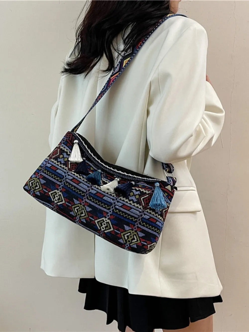 Tassel Adjustable-Strap Canvas Shoulder Bag