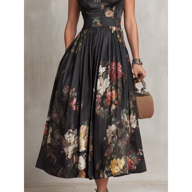 Black 3D Floral Print Slim Long Dress