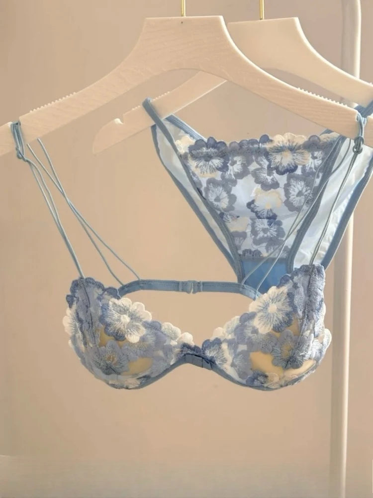 Elegant Hollow Out Lace Bra & Panty Set No Underwire Sheer French Triangle Cup Bralette Invisible Under T-shirt Women Underwear