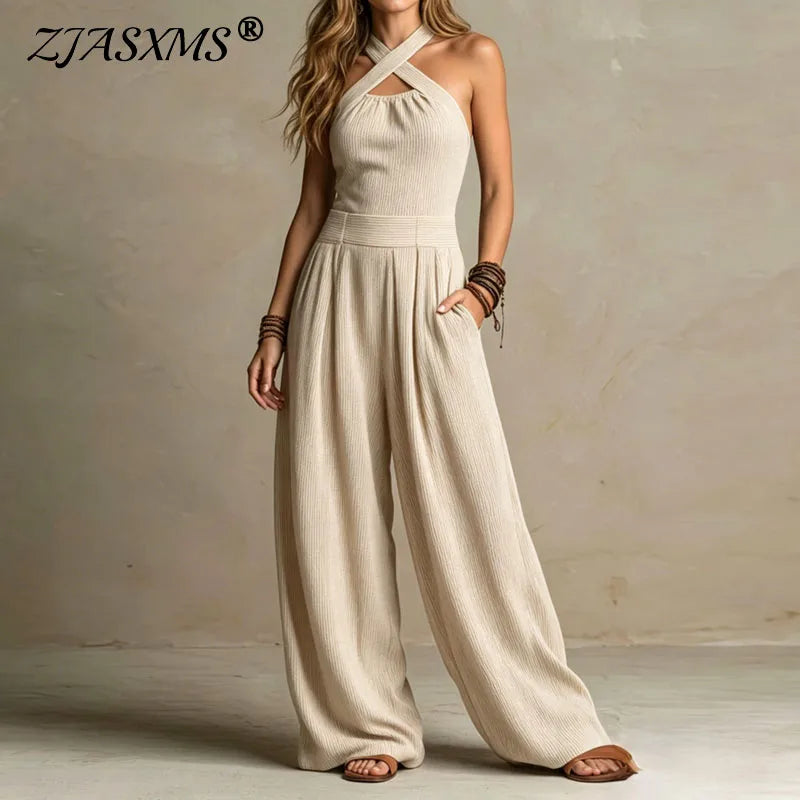 Vintage Halter Jumpsuit Women Crisscross Neck Sleeveless High Waist Wide Leg Playsuit Casual Loose Solid Pockets One-Piece Suits