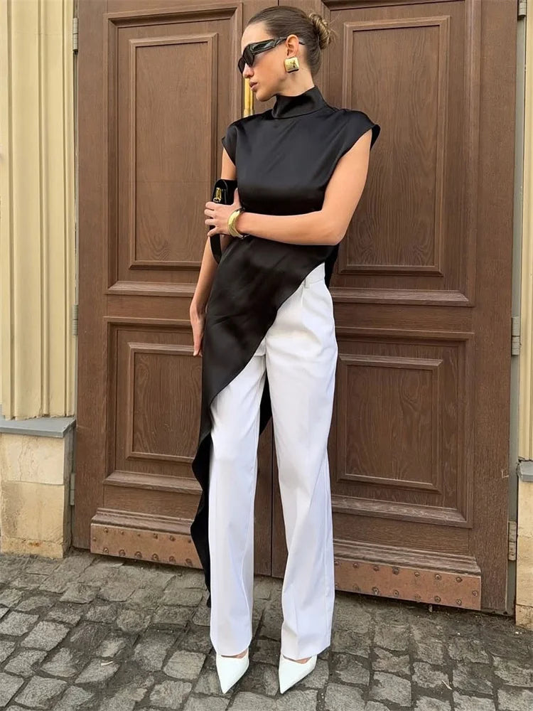 Sleeveless Satin Turtleneck Maxi Dress