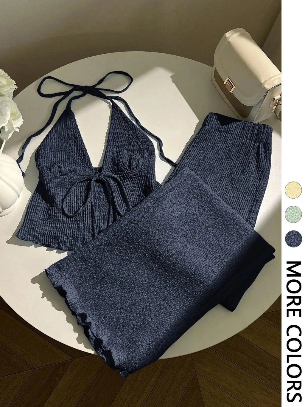 Women's Textured Neckline Top And Wide Leg Pants Set Deep V-Neck Design Front Tie Detail Elastic Waist Design 2-Piece Outfit