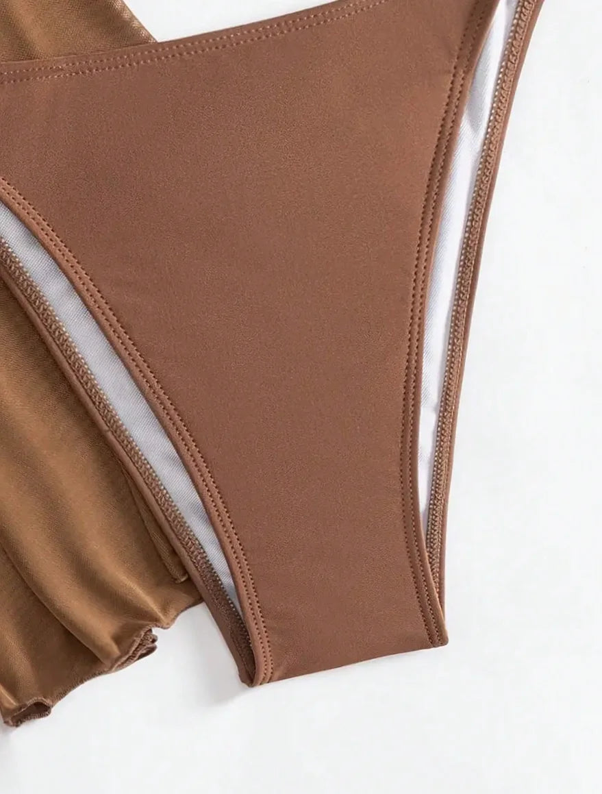 4pcs Sexy Solid Color Bikini Set With Sheer Cover-Up, Suitable For Vacation, Beach Party, Perfect For New Year And Valentine's