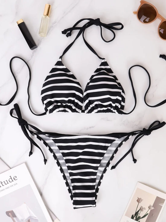 Two Piece Set Triangle Bandage Female Beachwear Summer Sexy Black And White Striped Bikini Swimsuit Beach Women&